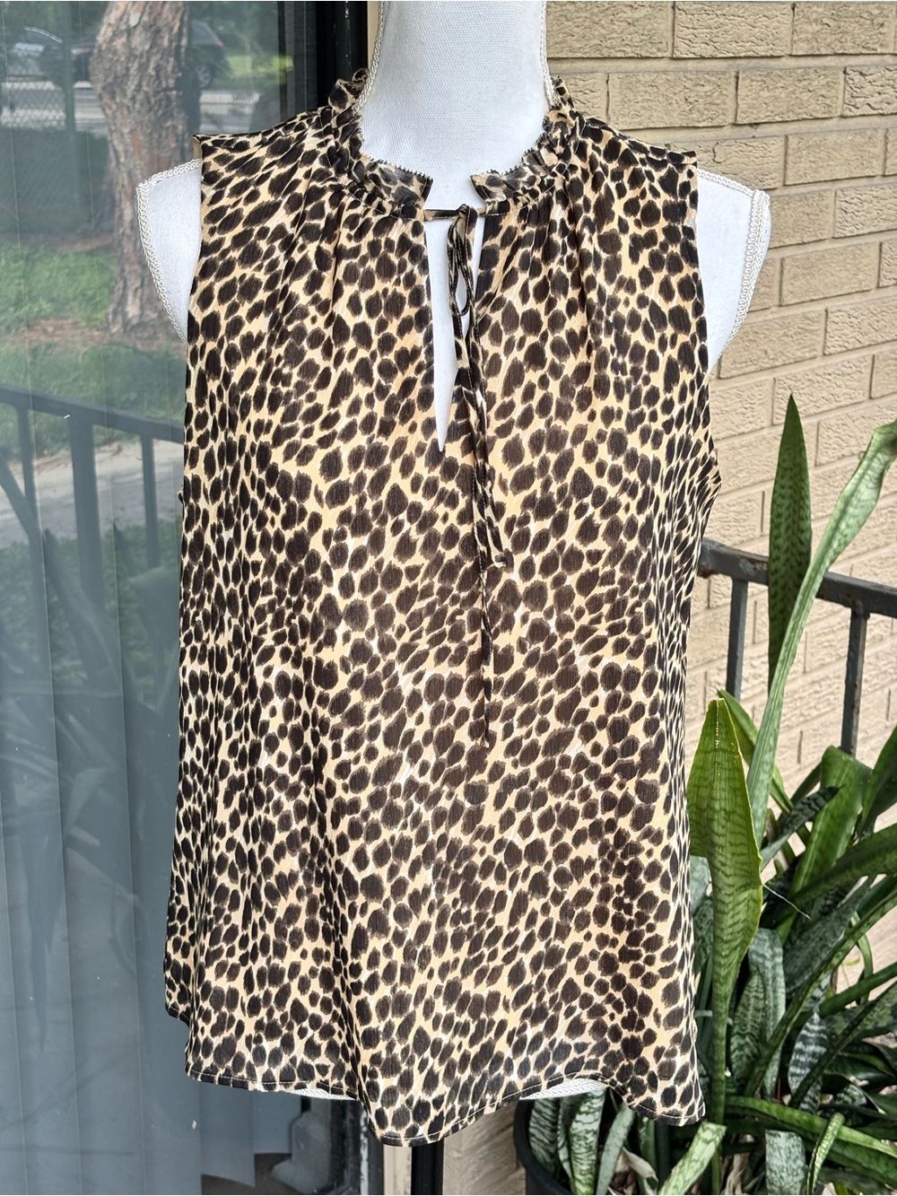 J.Crew Factory Leopard Sleeveless Ruffle Tie-Neck Top Black/Brown Size M - Picture 2 of 11